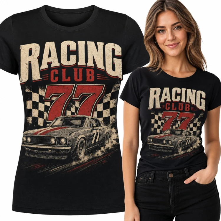 Koszulka damska „Racing Club 77” - retro auto wyścigowe i flaga w szachownicę