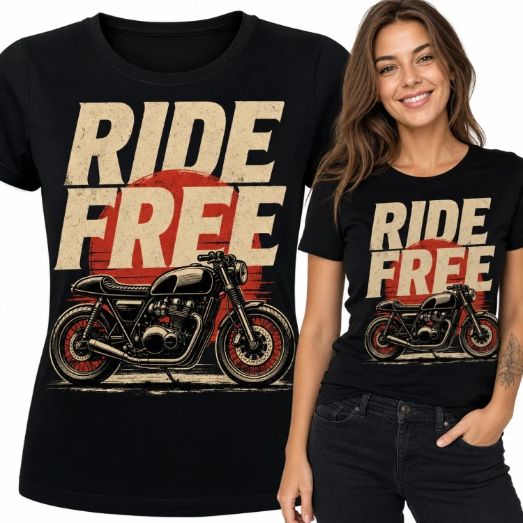 Koszulka damska z motocyklem cafe racer „Ride free” - dla motocyklistki