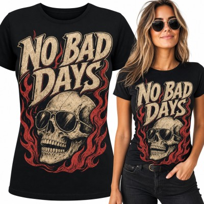 Koszulka damska czaszka w okularach w płomieniach „No bad days”