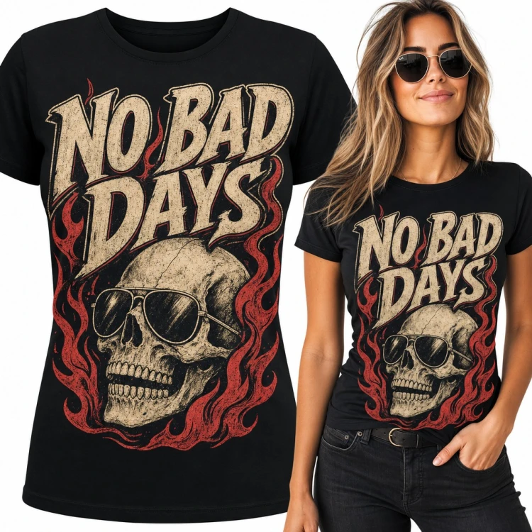 Koszulka damska czaszka w okularach w płomieniach „No bad days”
