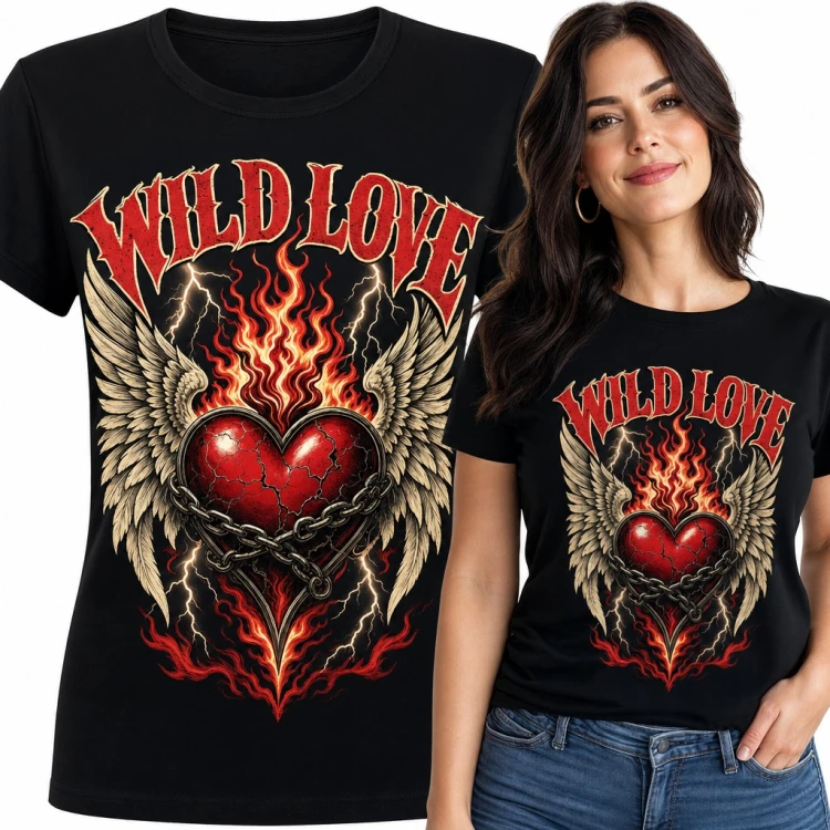 Koszulka damska „Wild Love” - płonące serce w łańcuchach ze skrzydłami