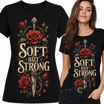 Koszulka damska „Soft but strong” - miecz w czerwonych różach i cierniach