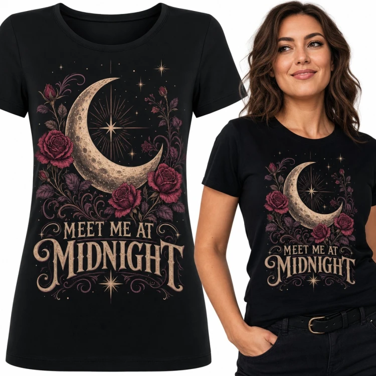 Koszulka damska „Meet me at midnight” - półksiężyc z bordowymi różami