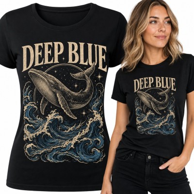 Koszulka damska wieloryb „Deep Blue” - humbak wśród fal i gwiazd