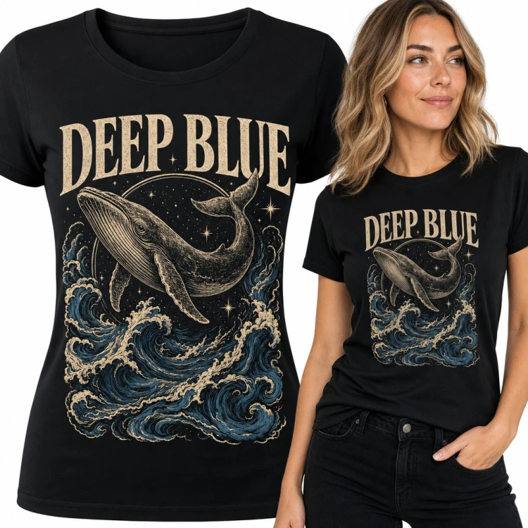 Koszulka damska wieloryb „Deep Blue” - humbak wśród fal i gwiazd