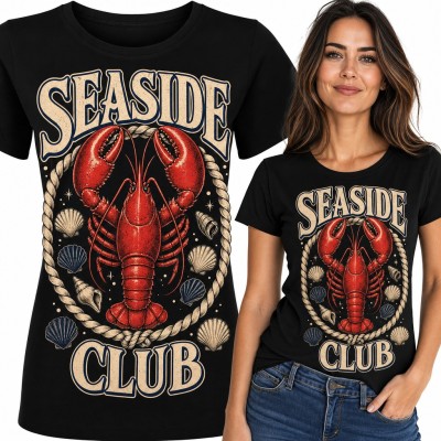 Koszulka damska „Seaside Club” - czerwony homar w ramie z liny i muszlach