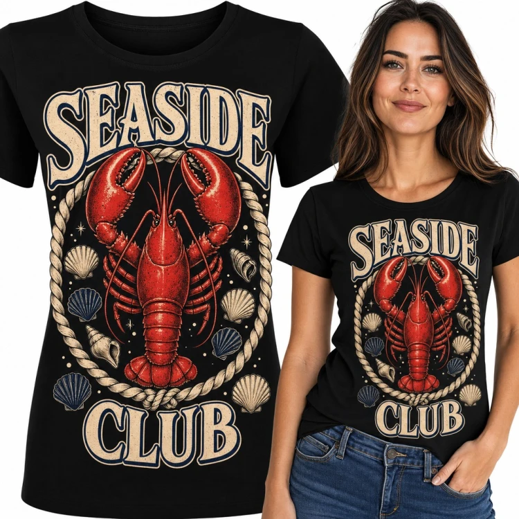 Koszulka damska „Seaside Club” - czerwony homar w ramie z liny i muszlach