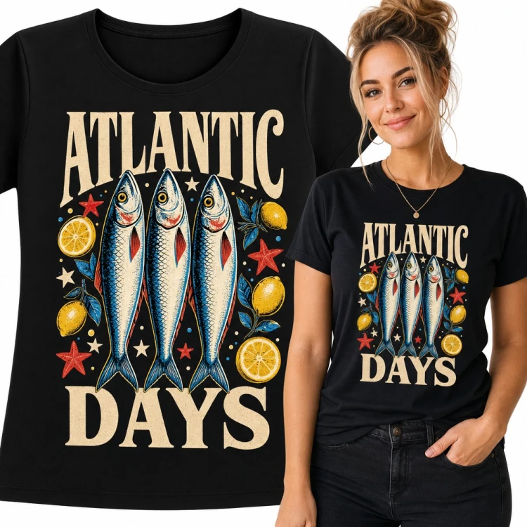 Koszulka damska „Atlantic days” - trzy sardynki z cytrynami w stylu retro