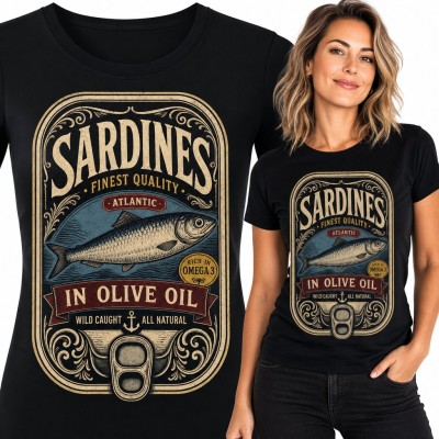 Koszulka damska „Sardines” - retro etykieta puszki sardynek w oliwie