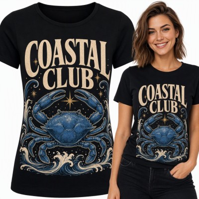 Koszulka damska „Coastal Club” - niebieski krab na morskich falach vintage