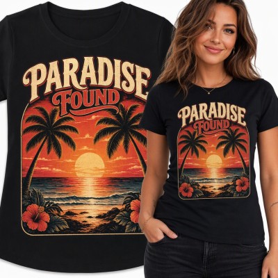 Koszulka damska „Paradise Found” - palmy i tropikalny zachód słońca retro