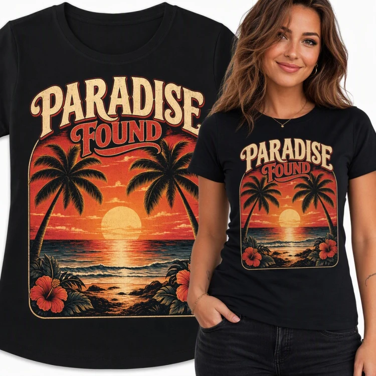Koszulka damska „Paradise Found” - palmy i tropikalny zachód słońca retro