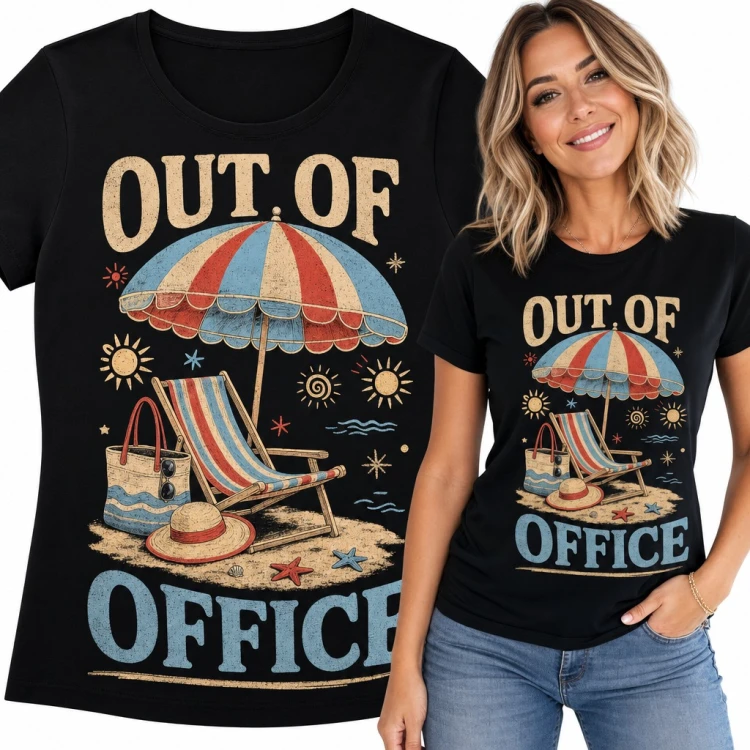 Koszulka damska „Out of Office” - plaża z leżakiem i parasolem na urlop