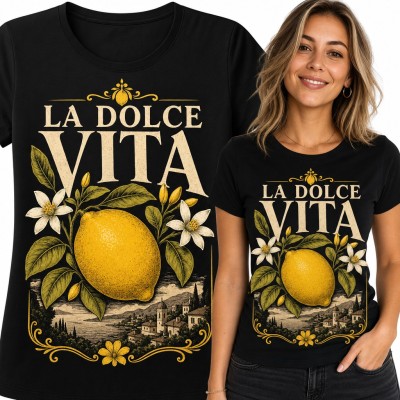 Koszulka damska „La Dolce Vita” - cytryna i włoskie miasteczko nad morzem