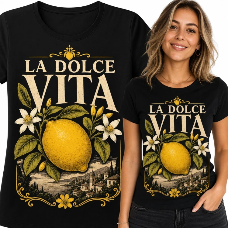 Koszulka damska „La Dolce Vita” - cytryna i włoskie miasteczko nad morzem