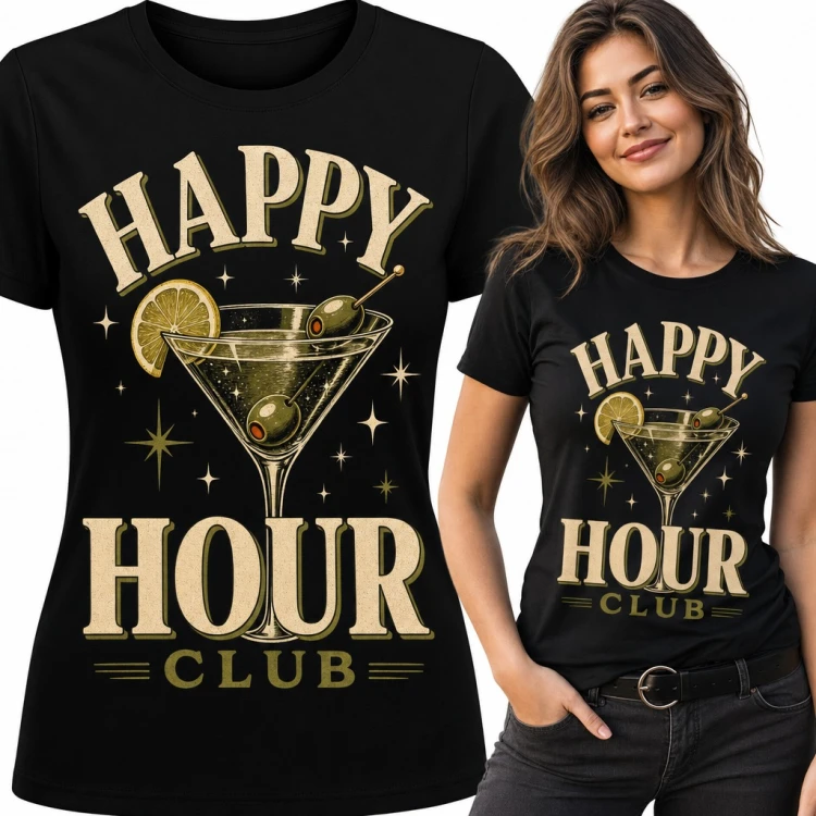 Koszulka damska „Happy Hour Club” - retro martini z oliwkami dla miłośniczki koktajli