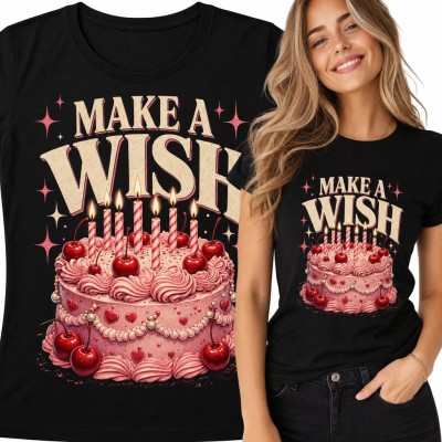 Koszulka damska „Make a Wish” - różowy tort urodzinowy z wiśniami i świeczkami