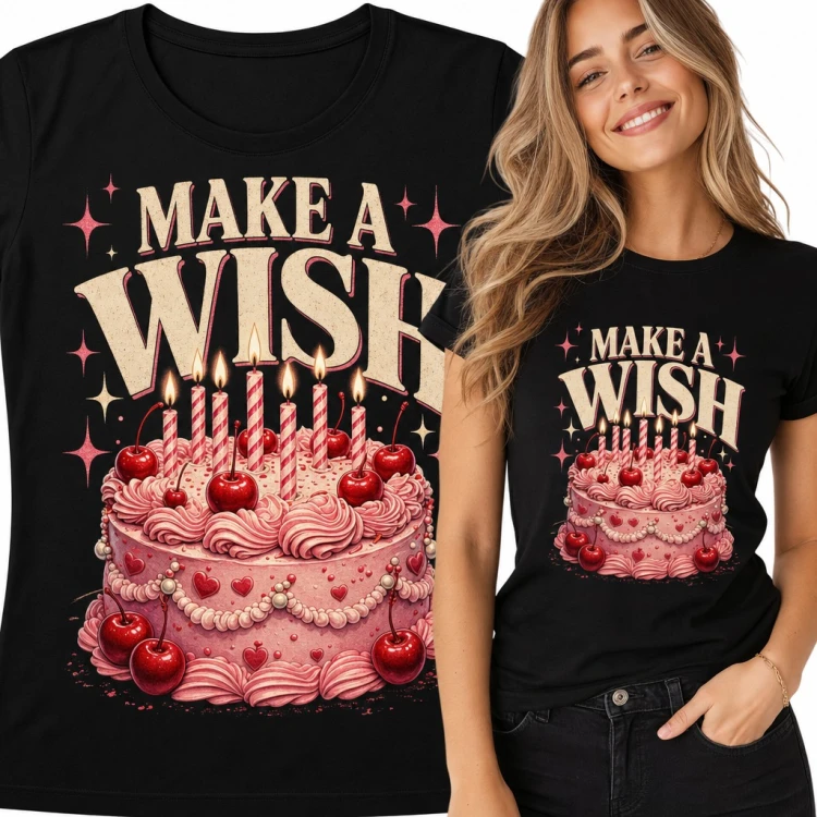 Koszulka damska „Make a Wish” - różowy tort urodzinowy z wiśniami i świeczkami