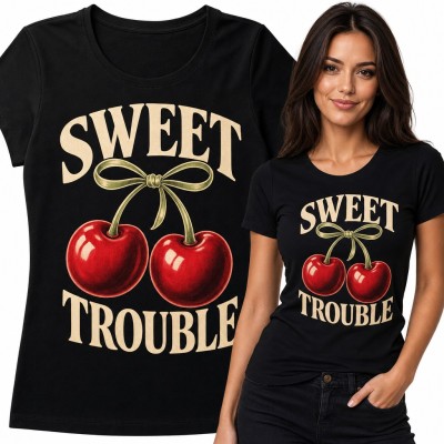 Koszulka damska „Sweet Trouble” - czereśnie z kokardką w stylu retro