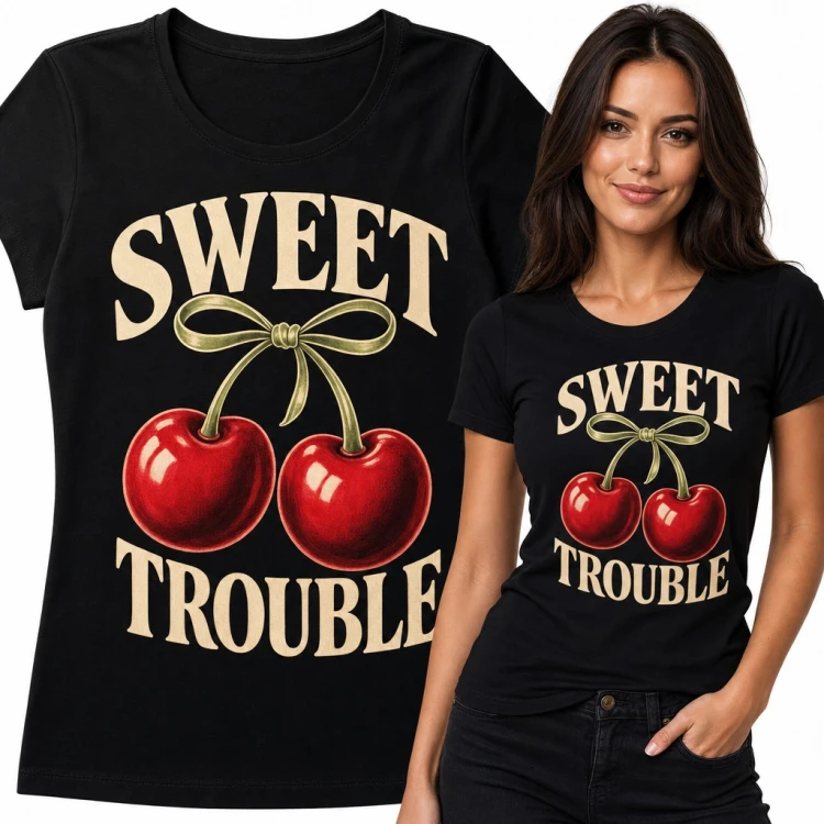 Koszulka damska „Sweet Trouble” - czereśnie z kokardką w stylu retro