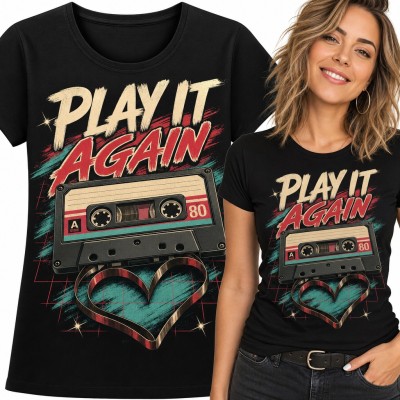 Koszulka damska kaseta z taśmą w serce „Play it again” - retro lata 80