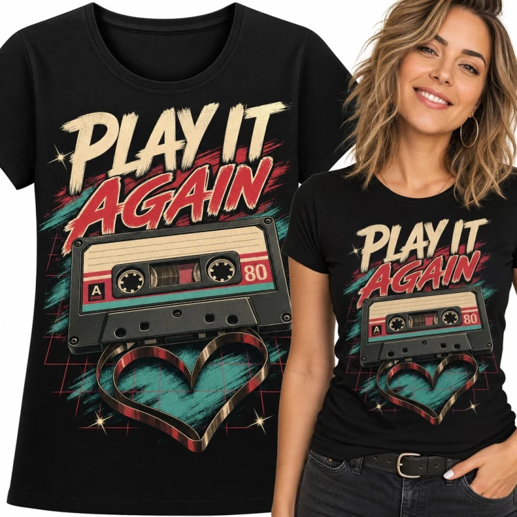 Koszulka damska kaseta z taśmą w serce „Play it again” - retro lata 80