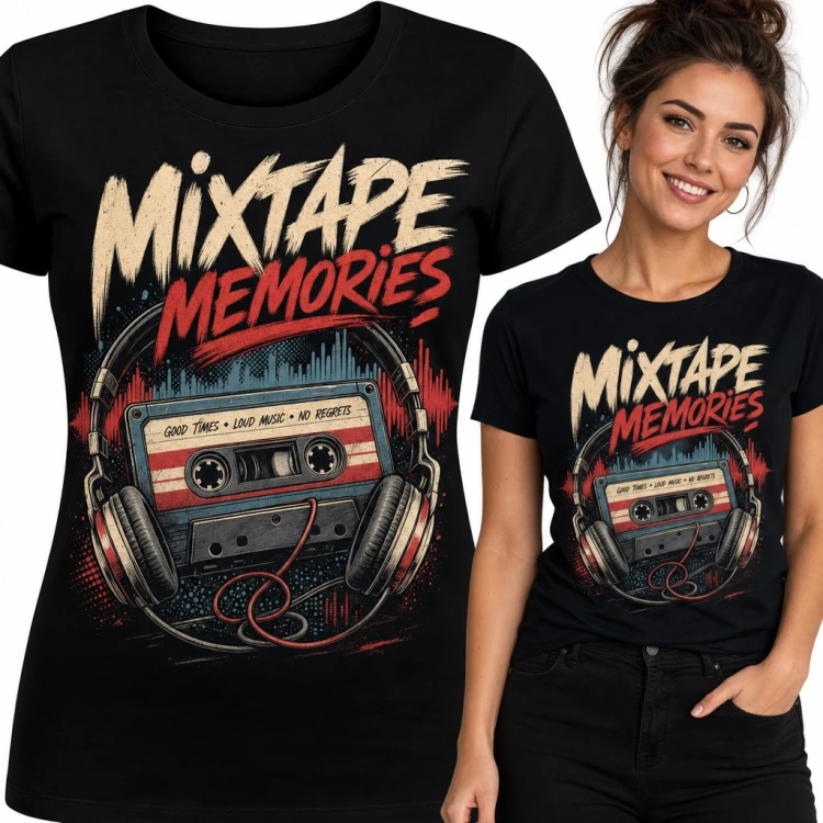 Koszulka damska „Mixtape Memories” - retro kaseta magnetofonowa i słuchawki