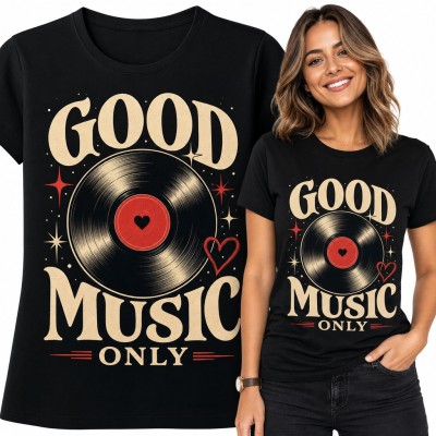 Koszulka damska „Good Music Only” - płyta winylowa z sercem w stylu retro