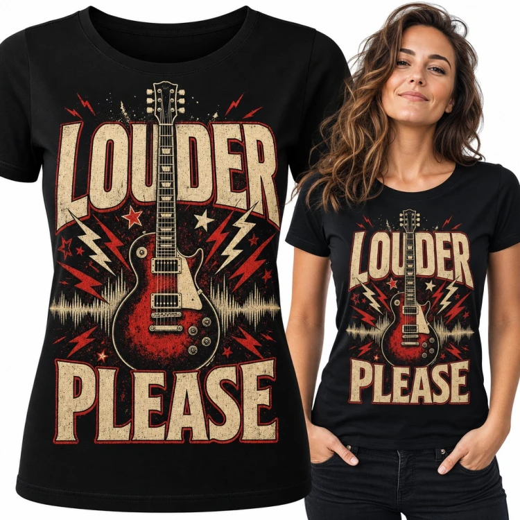 Koszulka damska „Louder please” - rockowa gitara elektryczna dla gitarzystki