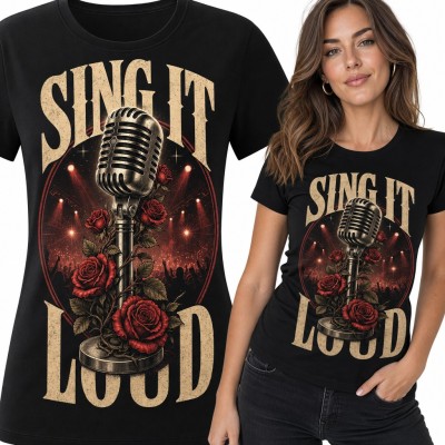Koszulka damska „Sing it loud” - retro mikrofon w czerwonych różach dla wokalistki