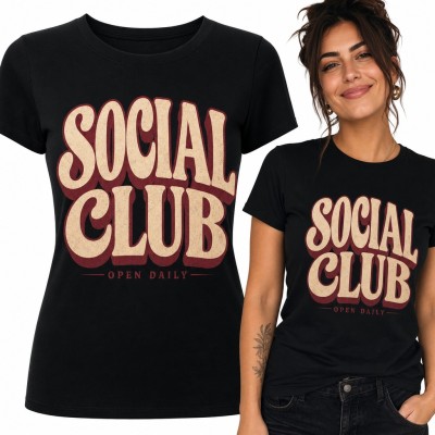 Koszulka damska „Social club” - retro napis w stylu lat 70 z dopiskiem Open Daily