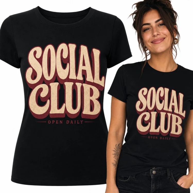 Koszulka damska „Social club” - retro napis w stylu lat 70 z dopiskiem Open Daily