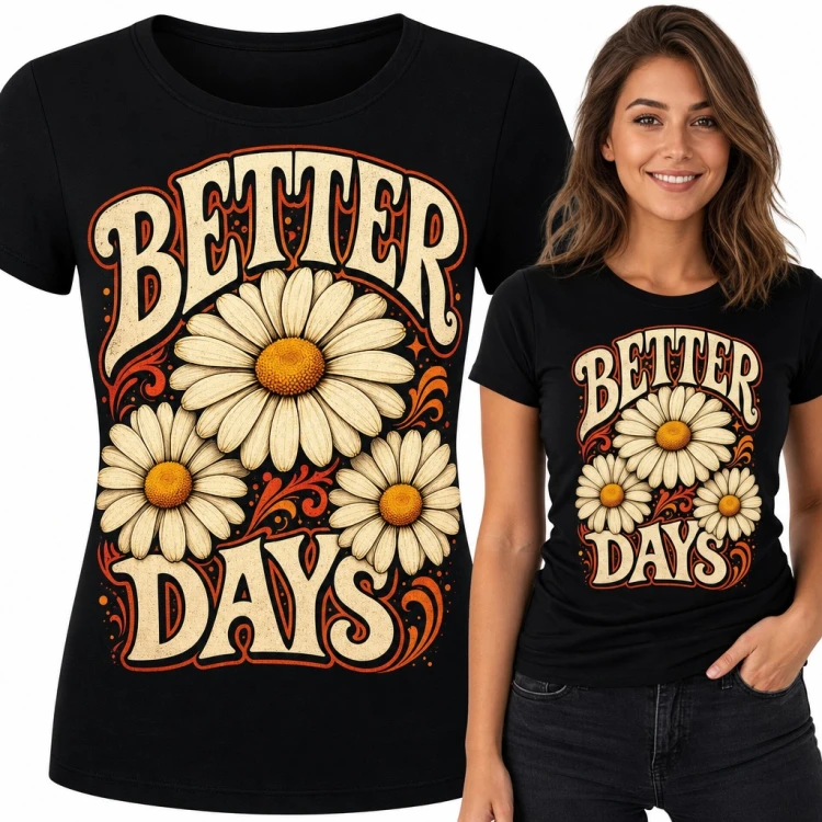 Koszulka damska z retro stokrotkami i napisem „Better Days” w stylu lat 70