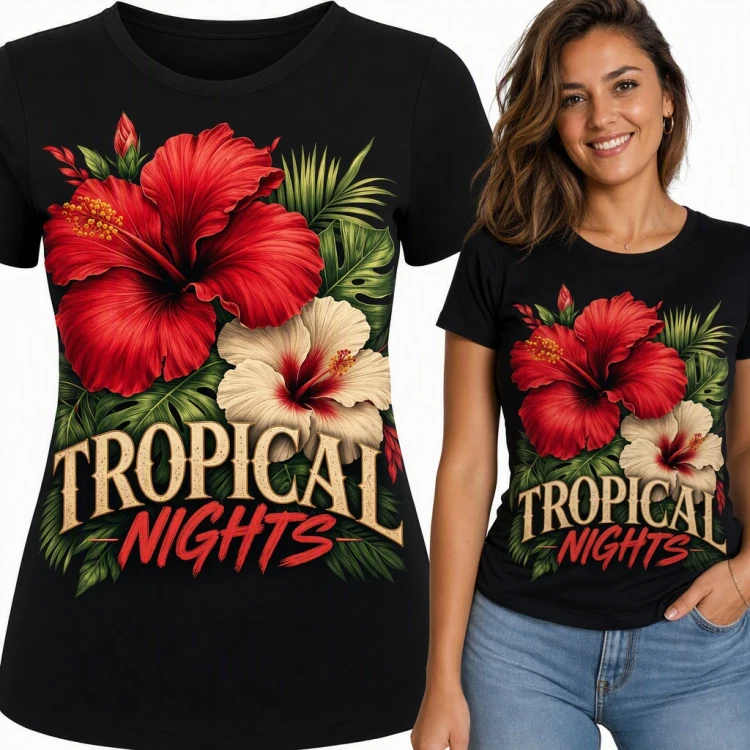 Koszulka damska z hibiskusem i liśćmi palmy „Tropical Nights”