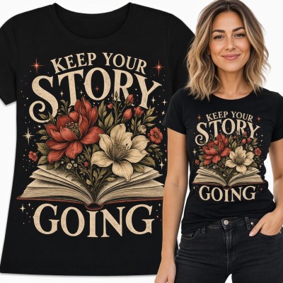 Koszulka damska „Keep your story going” - otwarta książka w kwiatach dla miłośniczki czytania