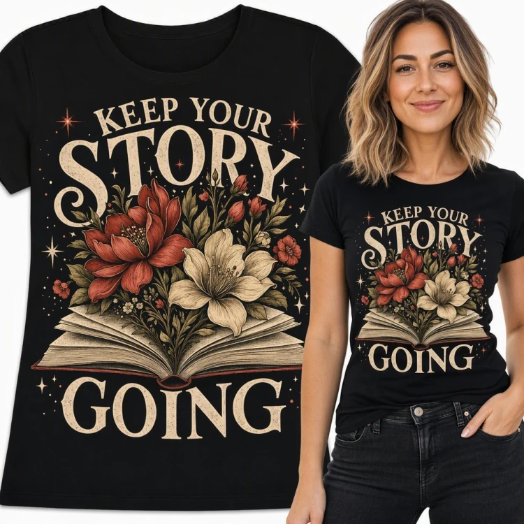 Koszulka damska „Keep your story going” - otwarta książka w kwiatach dla miłośniczki czytania