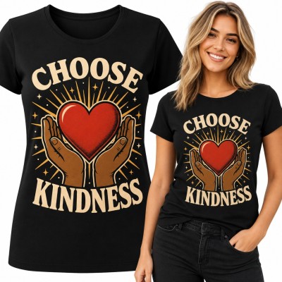 Koszulka damska „Choose kindness” - czerwone serce w dłoniach