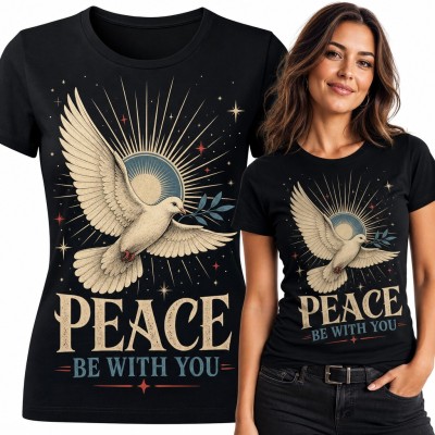 Koszulka damska z gołębicą pokoju i gałązką oliwną „Peace be with you”