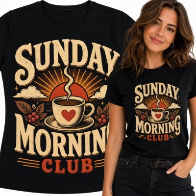 Koszulka damska „Sunday Morning Club” - filiżanka kawy z sercem i wschód słońca retro