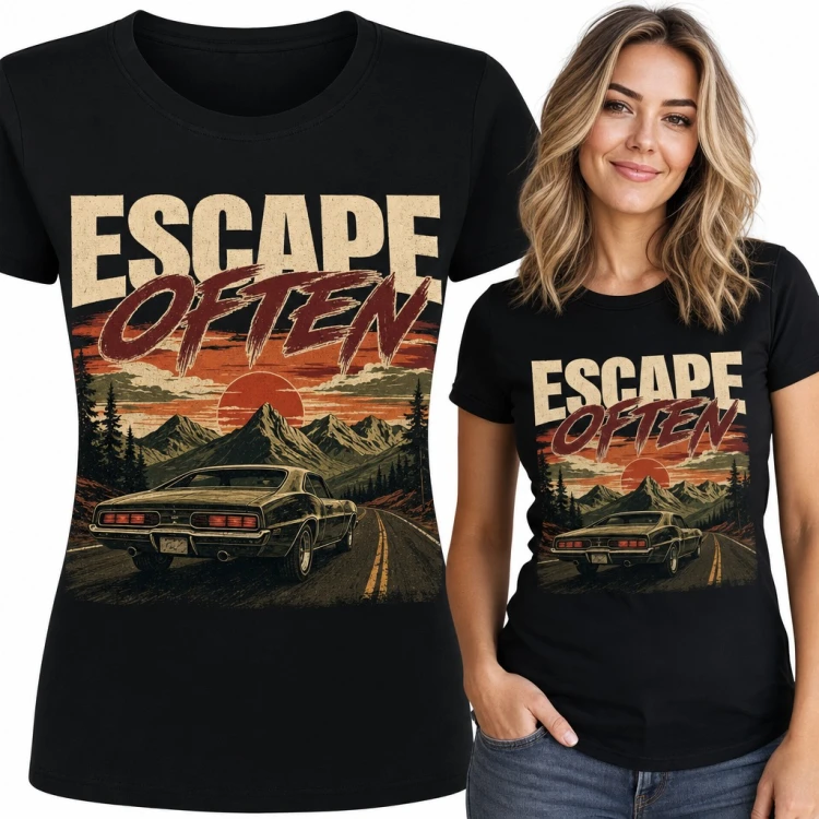Koszulka damska „Escape often” - retro muscle car na górskiej drodze