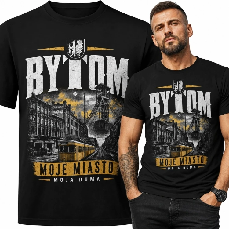 Koszulka męska z industrialną panoramą Bytomia „Bytom - moje miasto”