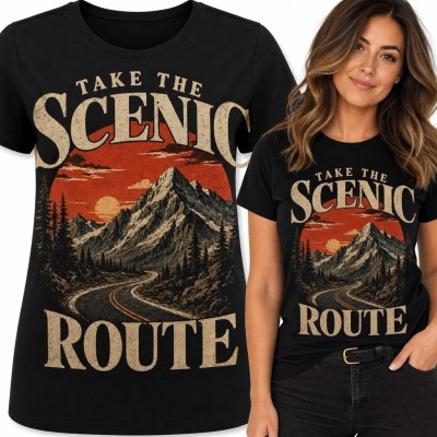 Koszulka damska „Take the scenic route” - górska droga w stylu retro