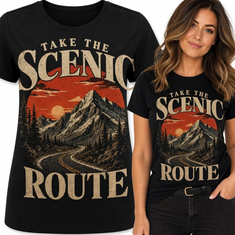 Koszulka damska „Take the scenic route” - górska droga w stylu retro