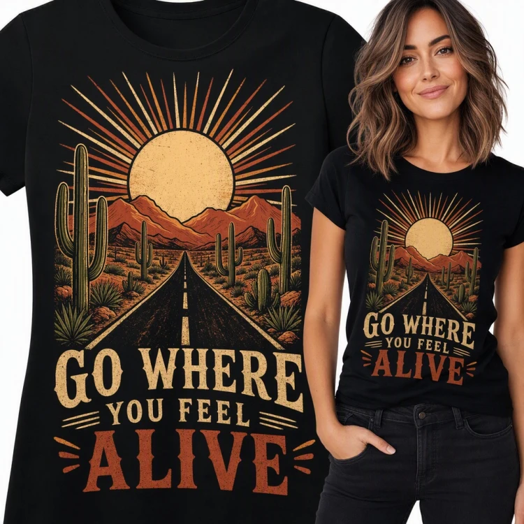 Koszulka damska „Go where you feel alive” - pustynna droga z kaktusami w stylu retro