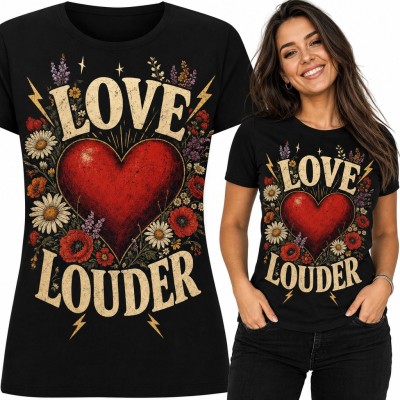 Koszulka damska „Love Louder” - czerwone serce w polnych kwiatach