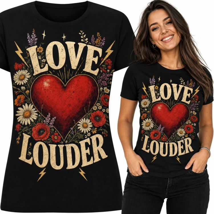 Koszulka damska „Love Louder” - czerwone serce w polnych kwiatach