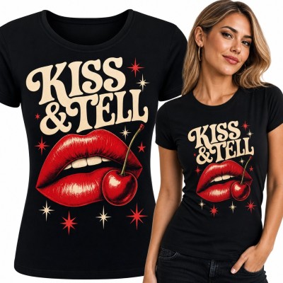 Koszulka damska „Kiss & Tell” - czerwone usta z wisienką w stylu retro