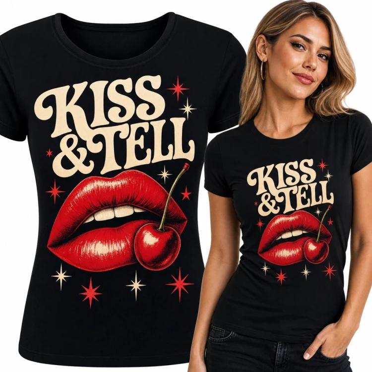 Koszulka damska „Kiss & Tell” - czerwone usta z wisienką w stylu retro