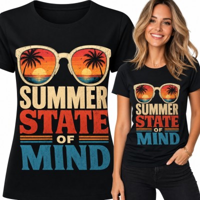 Koszulka damska „Summer state of mind” - okulary z palmami i zachodem słońca