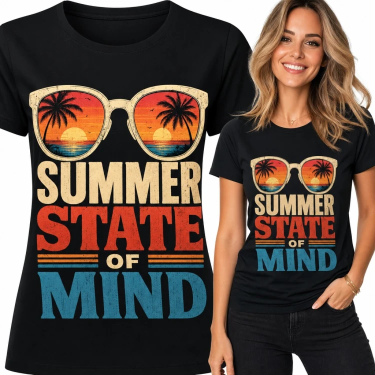 Koszulka damska „Summer state of mind” - okulary z palmami i zachodem słońca